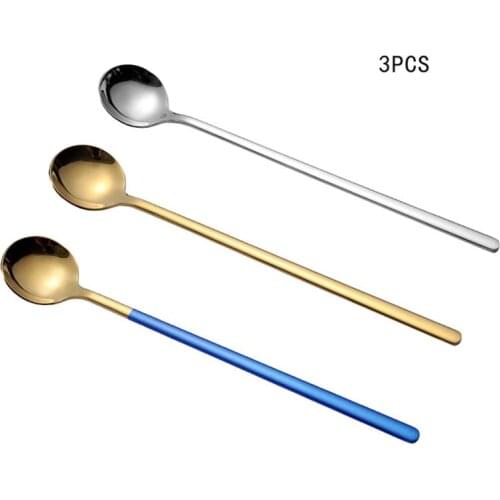 3 Pcs/Set Long Handle Coffee Sugar Milk Tea Mixing Spoon Stainless Steel Fruit Watermelon Digger Spoons Dessert Ice Cream Tools