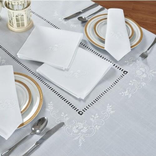 [874Camellia Casa]Elegant,Chamomile Hemstitch Tablecloth,Special Treated Polyester,LinenLook Washable,Whiht, Square/Oblong/Round