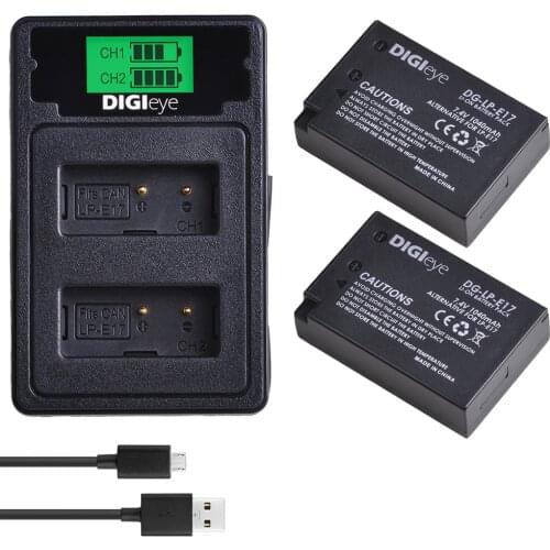 2X LP-E17 Battery + LCD Dual Charger with Type C Port for Canon EOS Rebel T7i, T6i, T6s, SL2, EOS M6, M5, M3, 77D, 750D, 760D