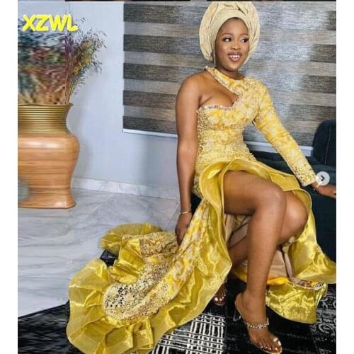 Aso Ebi One Shoulder Mermaid Prom Dresses Yellow Lace Long Sleeves South African Evening Gowns High Low Robe De Soiree