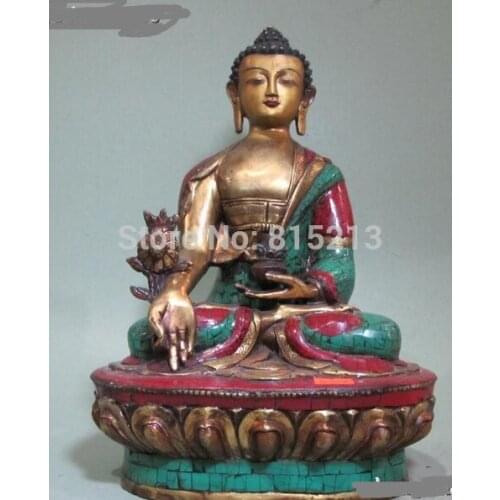 Bi00834 Tibet Buddhism Bronze Gild inlay turquoise Red coral Sakyamuni Buddha Statue