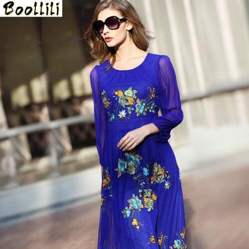 Boollili Spring Summer 100% Silk Long Dress Women Plus Size Dresses Embroidery Party Maxi Dress Elegant Pleated Vestidos Largos