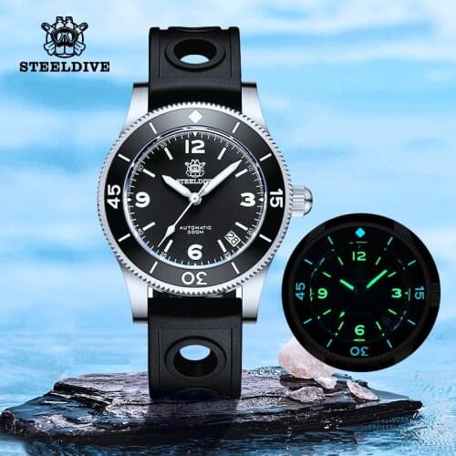 STEELDIVE 1952 NH35 Automatic Watch Men 300m Dive Watch Leather Mechanical Watches for Man BGW9 Super Luminous Diver Watch Steel