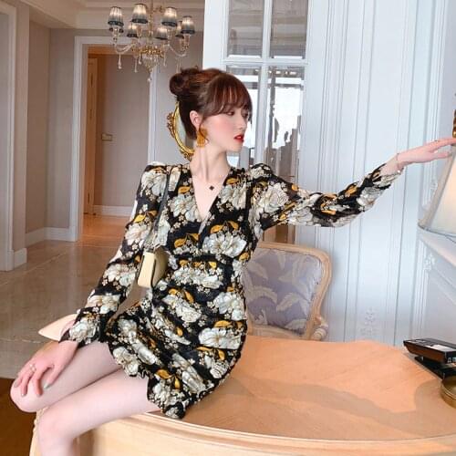2021 Summer French Retro Elegant Haitang Printed Bubble Sleeves Pleated Little Hip Floral Dress