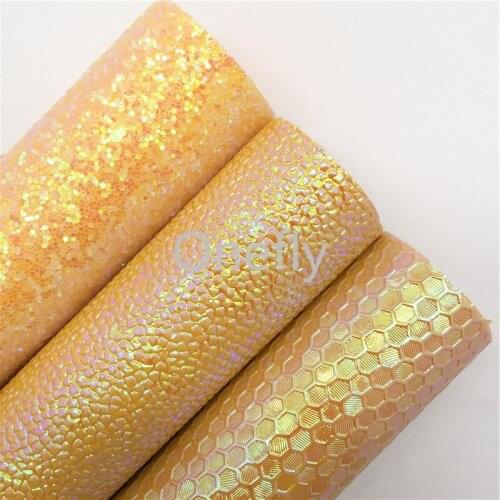 Onefly 21X29CM Yellow Glitter Fabric, Honeycomb Stones Embossed Faux leather Sheets For Bow DIY handbags shoes AQ039