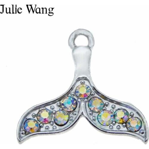 Julie Wang 10PCS Mermaid Whale Fish Tail Charms Rhinestone Bracelet Necklace Alloy Jewelry Making Accessory