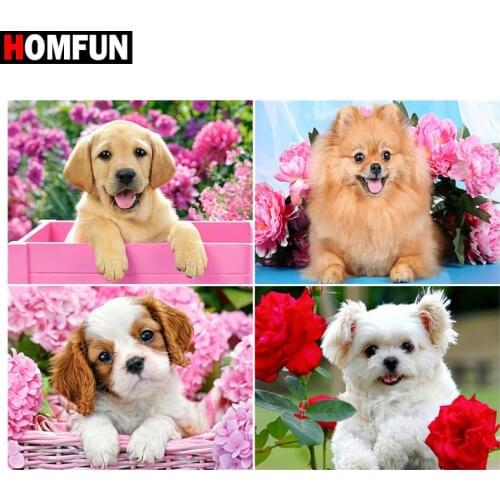 HOMFUN Paint With Diamond Embroidery "Dog flower animal" Diamond Painting Full Square Round Picture Of Rhinestone Decor