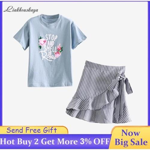 2020 Summer Girls New Clothing Fashion Sets Cotton Short-Sleeved Top Printed Letters T-Shirt + Striped Plaid Skirt Kids Clothes