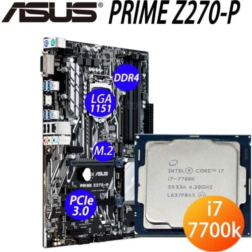 LGA 1151 Asus PRIME Z270-P Motherboard + CPU Intel Core i7 7700K DDR4 HDMI-Compatible 64GB Overlocking Desktop Z270 Placa-Mãe