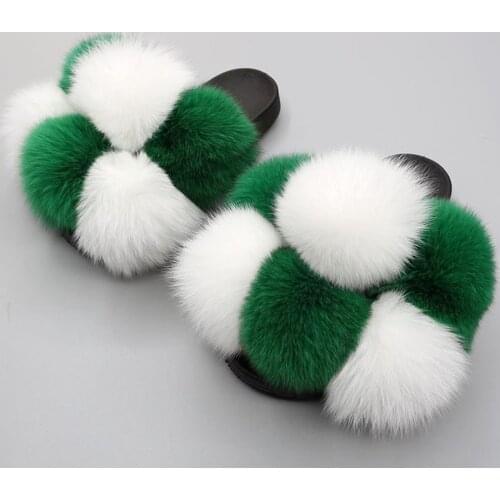 Pom Pom Fur Slippers Women Fluffy Slides 2021New Fashion Colorful Furry Sandals Open Toe Flip Flops