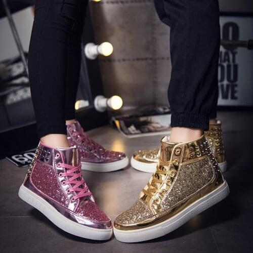 Mens High Top Sneakers Sequins Rivet High-Cut Round Toe Lace-Up Shoes Outdoor Skateboard Shiny Flat Boots