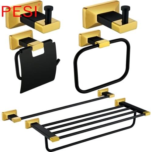 All Brass Bathroom Hardware Set Robe Hook Towel Rail Rack Bar Shelf Paper Holder Toothbrush Holder Bathroom Accessories,Black
