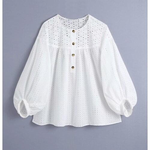 ZA Women New Spring Autumn Blouses Elegant Hollow Out Embroidery Shirt Ladies Solid Color Tops White Shirt XITIMEAO