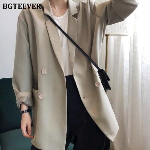 BGTEEVER Elegant Pockets Women Suit Jacket Coat Autumn Office Ladies Blazer 2020 Loose Double-breasted Female Outwear Jacket