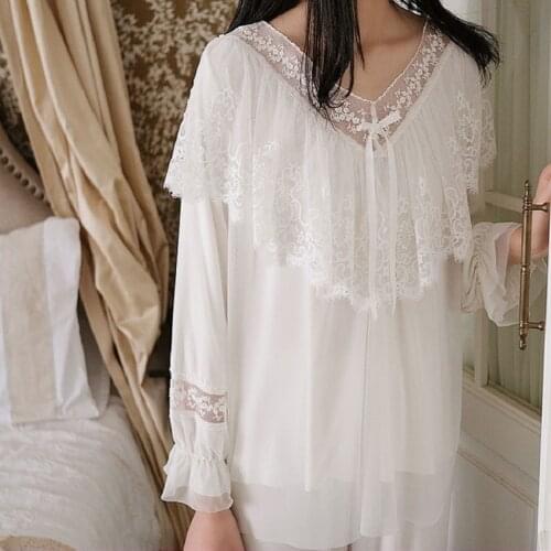 Luxury Retro Soft White Lace Womens Long Sleeve Pajamas Sets Female Loose Sleepwear Spring Autumn Nighty Suits Home Wear