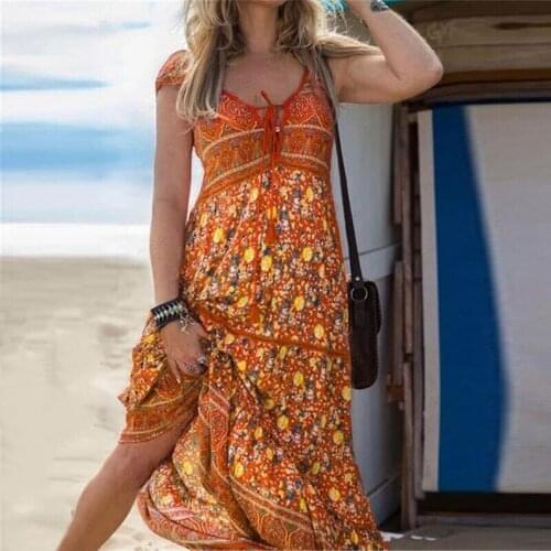 2021 Summer Dress Woman Floral Print Long Dress Boho V-Neck Tie-up Party Dresses for Women Summer A-Line Beach Dresses