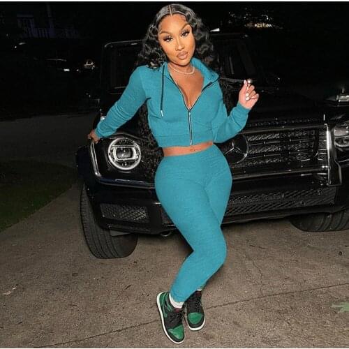 Casual Sportswear Two Piece Set Women Harajuku Long Sleeve Hooded Slim Fit Short Jacket+bodycon Sweatpant Active Female Outfit