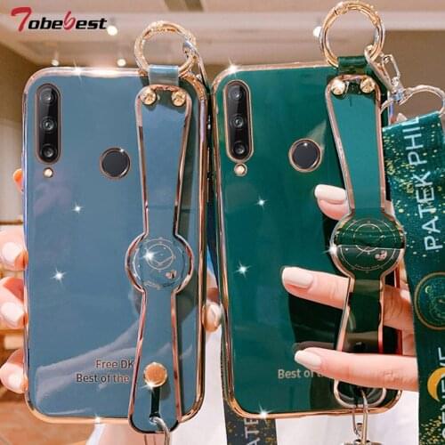 Lanyard Wrist Strap Hand Band Plating Silicone Case For Huawei Y7P 2020 Coque Stand Soft TPU Cover