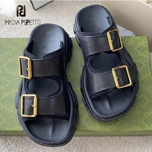 2021 summer fashion trend round head cowhide open-toe flat sandals slippers womens leather buckle thick-soled beach slippers