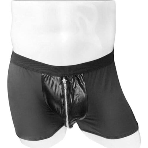 Sexy Mens Underwear Boxer Ice Silk Panties With Faux Leather Zipper Pouch ZJH1027