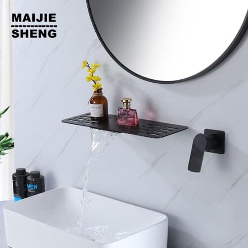 Black Wall Mounted Brass Elegant Life Decoration Bathroom Hotel Waterfall Sink Faucet Shelf Basin Water Mixer Tap Quality