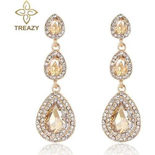 TREAZY Luxury Champagne Crystal Earrings Gold Color Jewelry Fashion Female Bricons Wedding Long Big Drop Earrings For Women