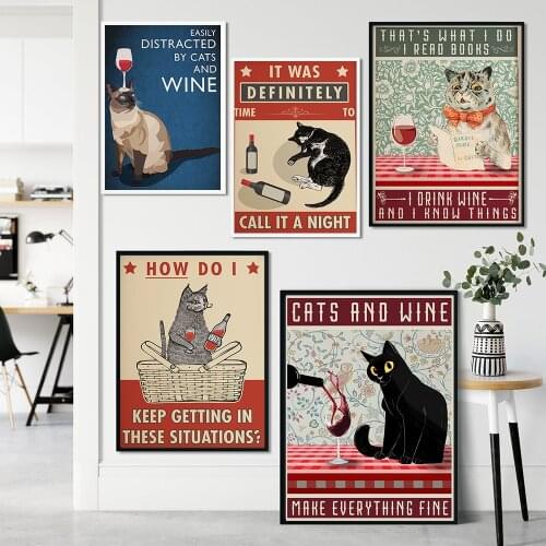 Vintage Abstract Style Cat Drinking Wine Canvas Painting Animal Quote Posters And Prints Wall Pictures For Living Room Home Deco