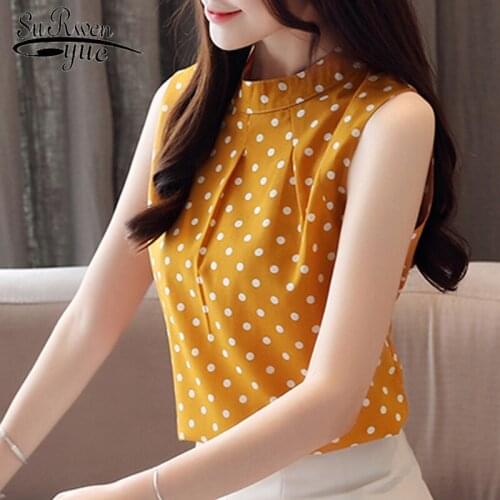 2021 Summer New Fashion Korean Style Stand Collar Sleeveless Chiffon Shirt Women Elegant Polka Dot Slim Fit Blouse Women 8985 50