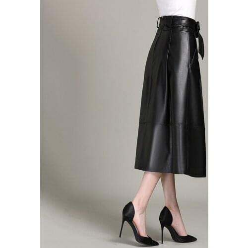 Women Luxury Sheepskin Mid Long A-Line Real Elegant Female Genuine Leather With Bow Belt Plus Size 3XL Skirt