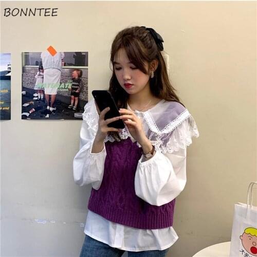 Sets Women 2 Piece Puff Sleeve Peter Pan Collar Shirts Knitting V-Neck Sweaters Solid Autumn Korean Style Fashion Leisure Loose