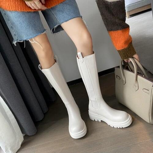 SKLFGXZY Knee High Boots Woman Real Leather High Heel Chelsea Boots Platform Chunky Heel Long Boots Zipper Ladies Shoes Beige