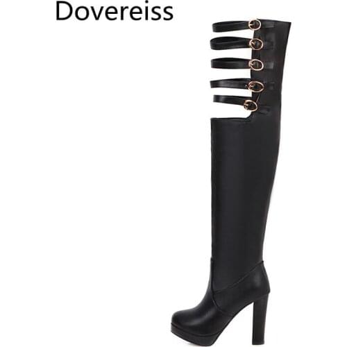 Dovereiss Fashion Female boots Winter Elegant new sexy white consice Buckle Chunky heels Over the knee boots big size 43