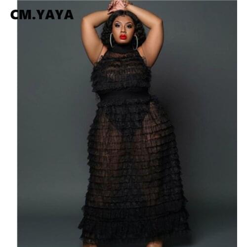 CM.YAYA Women Plus Size Set Solid Mesh Sleeveless Long Dress with Stretchy Short Underwear Two 2 Piece Sets Sexy Outfit Summer