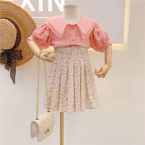 2021 Summer New Girl Korean Lapel Pink Top Retro Floral Pleated Skirt Short Sleeve Two-Piece Girl Temperament Clothing For 2-8 Y