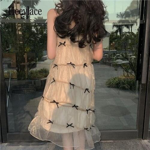 Dress Women Summer 2021 New Vintage Elegant Party Bowknot Fashion Female Condole Belt Dresses Net Yarn