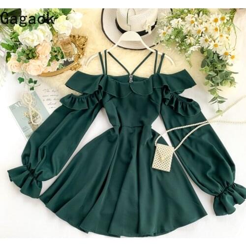 Gagaok Women Sexy Dress Early Spring New Solid Ruffles Flare Sleeve Empire Slash Neck Slim Wild Mini Female Fashion Dresses