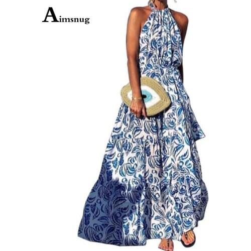Women Flower Print Sweet Dress For Women Leisure Halter Sleeveless Fit and Flare Party Dress 2021 Summer Long Maxi Dresses Femme