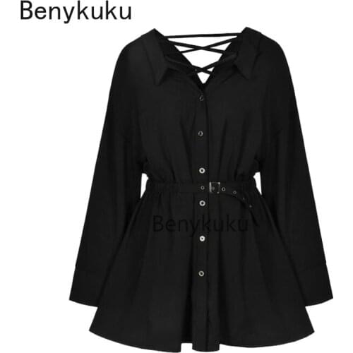 Punk Gothic Black V Neck Shirt Dress 2020 Autumn Fashion Long Sleeve Single Breasted Female Sexy Mini Dress Casual Woman Clothes