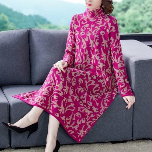 Winter Casual Elegant Warm Loose Jacquard Knited Sweater Dress 2021 Autumn Plus Size Women Bodycon Turtleneck Long Wool Sweates