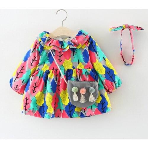 2019 Kids girls new winter Dress clothing baby girls fashion color print velvet Dress with headband 1-3 Years