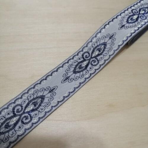 3.3cm 33mm 1-3/8' Blue White Silver Filigree Miao Symbol Folk Tutem Costume Border Laciness National Jacquard Garment Webbing