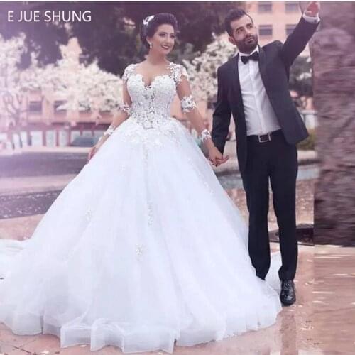 E JUE SHUNG White Lace Appliques Ball Gown Wedding Dresses Sheer Back Long Sleeves Wedding Gowns Bride Dress robe de mariee
