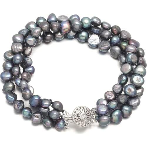 7-8mm Black Baroque 3 Rows Natural Freshwater Pearl Bracelets Jewelry Bangle for Women