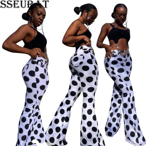 SSEURAT Streetwear Polka-dot Print Women Elastic High Waist Flare Pants Fashion Classic Activewear Bell Bottom Trousers