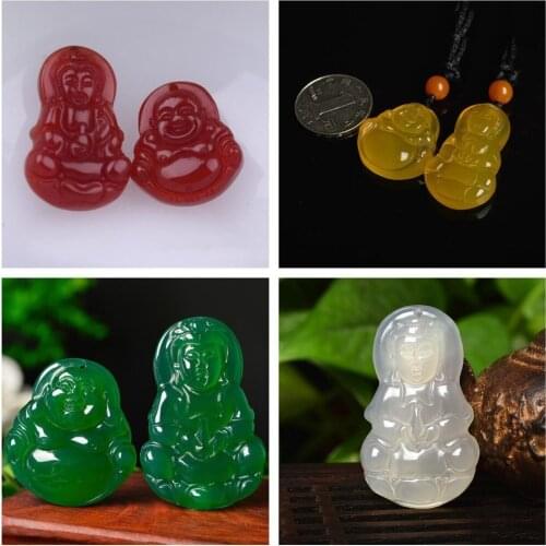 For Lovers Red/White/Green Agate Chalcedony Hand-carved GuanYin Buddha Pendant