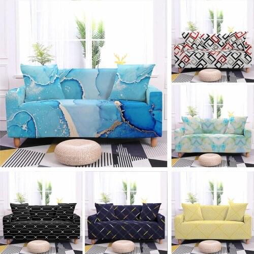 Geometric Plaid Elastic Sofa Covers for Living Room Stretch Sofa Slipcover Sectional Couch Cover Marble Print L Shape Protector