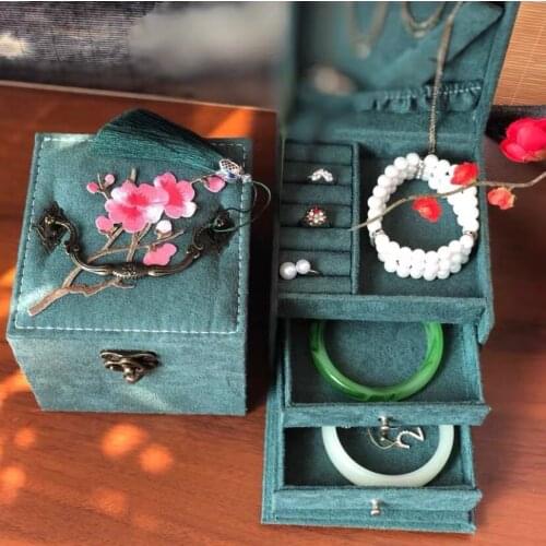 HOSENG Green Chinese Style Embroidery Earring Box Flannel Gift Necklace Case Ladies Retro Fashion Three-tier Jewelry Casket HS_7