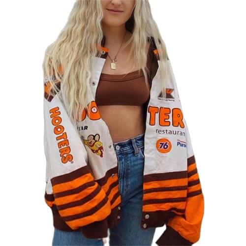 2021 Top Women/Girl Stand Collar Cartoon Print Zipper Bomber Jacket Korean Version Preppy Style Bat Type Casual Orange Outerwear