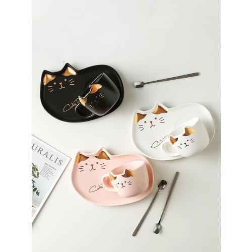 Cute Cartoon Cat Ceramic Office Coffee Cup And Saucer Set Milk Tea Mugs Birthday Couples Gifts Friends Cup With Spoon Porcelain