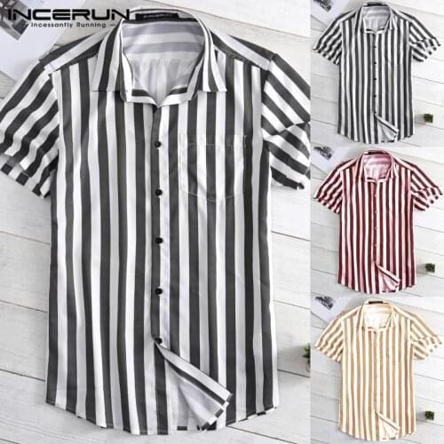 INCERUN Fashion Striped Men Shirt Turn-down Collar Button Streetwear Casual Brand Shirts Men Short Sleeve Tops Camisa 2021 5XL